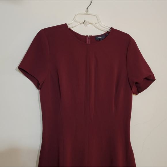 THEORY Crewneck Short-Sleeve Modern Seamed Shift Admiral Crepe Dress Burgundy 12 - Picture 2 of 8